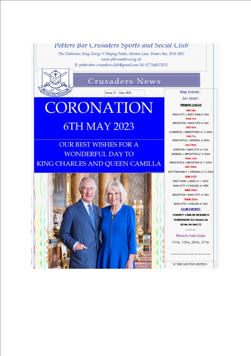 Potters Bar Crusaders Sports and Social Club, May Newsletter